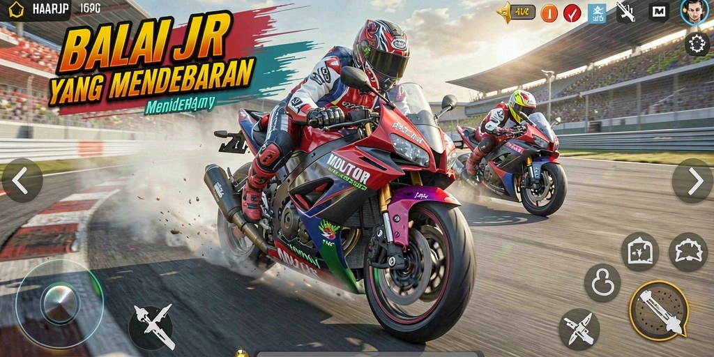Screenshot gameplay HARAPJP menampilkan aksi balapan motor yang mendebarkan.