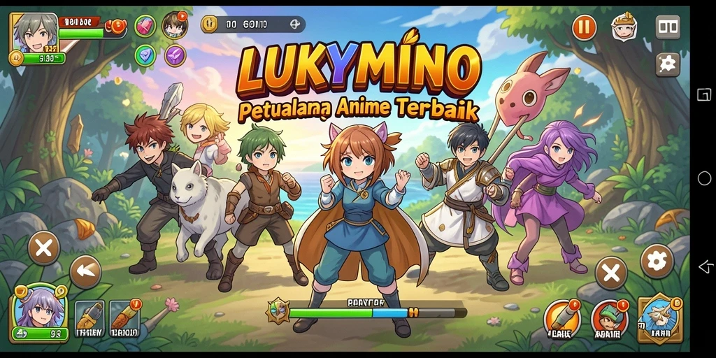 Screenshot gameplay LUKYMINO menampilkan karakter anime yang penuh aksi.