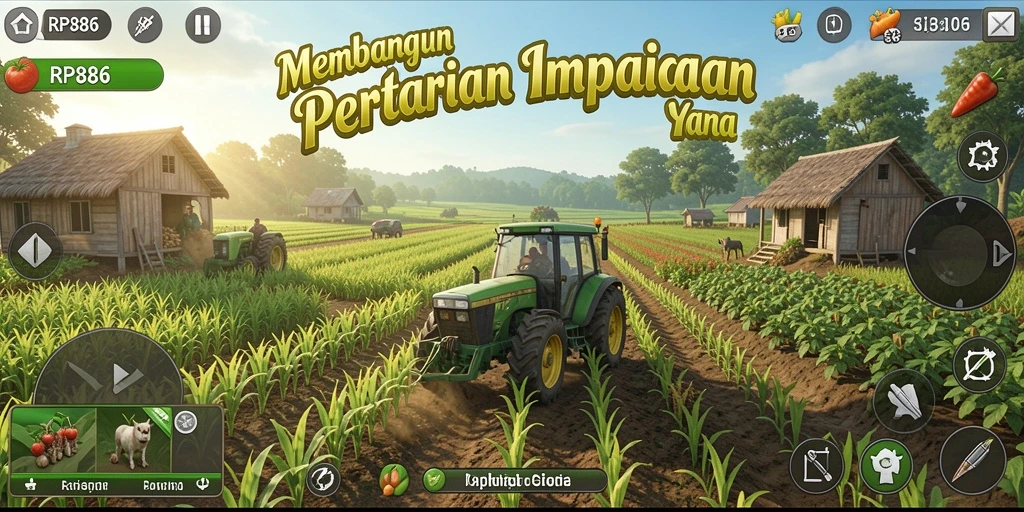 Screenshot gameplay RP886 menampilkan pertanian yang subur dan aktif.